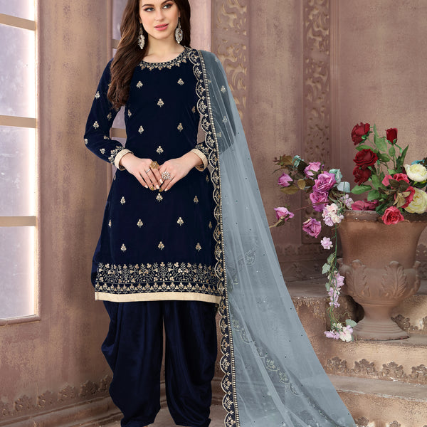 Monjolika Fashion Stunning Dark Blue Color Velvet Embroidery Patiala Suit - Distacart