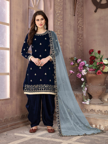 Monjolika Fashion Stunning Dark Blue Color Velvet Embroidery Patiala Suit - Distacart