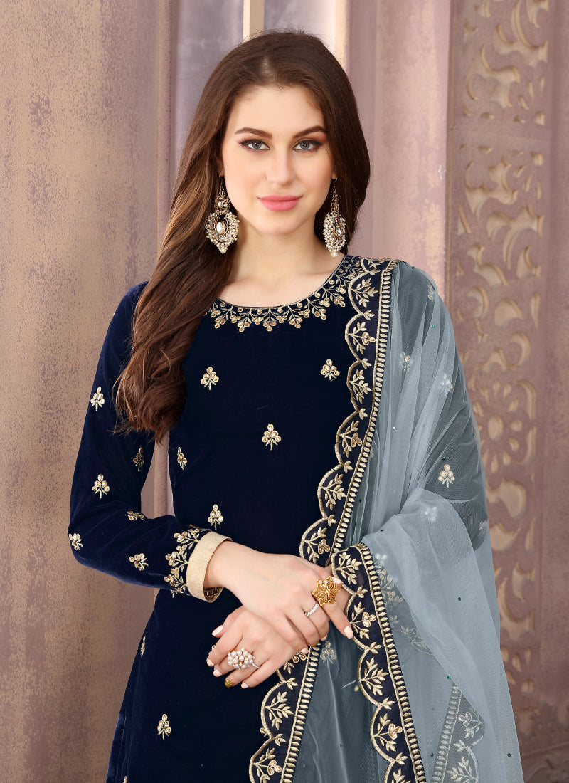 Monjolika Fashion Stunning Dark Blue Color Velvet Embroidery Patiala Suit