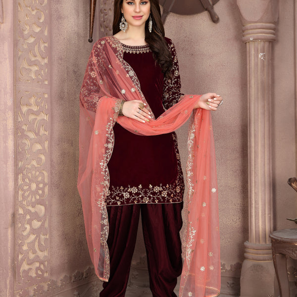 Monjolika Fashion Stunning Maroon Color Velvet Embroidery Patiala Suit - Distacart