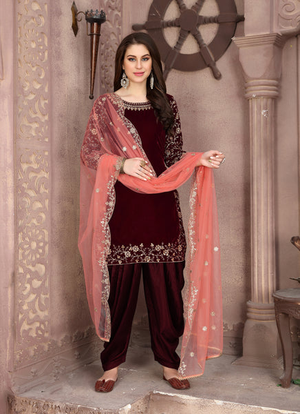 Monjolika Fashion Stunning Maroon Color Velvet Embroidery Patiala Suit