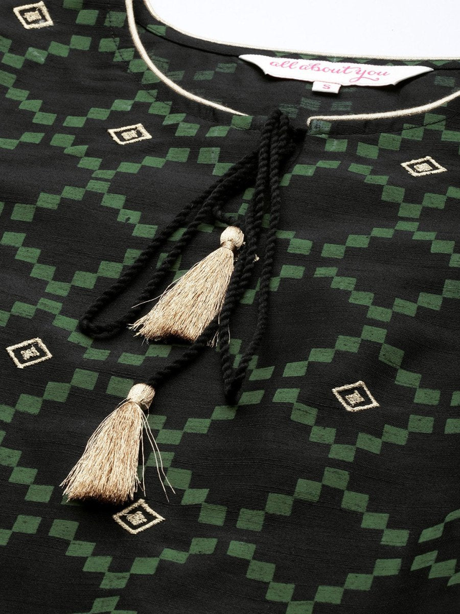 All About You Women Black & Green Printed Kurta with Trousers - Distacart