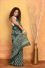 Thumbnail for Very Much Indian Handblock Printed Cotton Saree With Natural Dyes - Green - Distacart