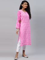 Thumbnail for ADA Women Pink & White Ethnic Motifs Embroidered Chikankari Handloom Kurta with Trousers - Distacart