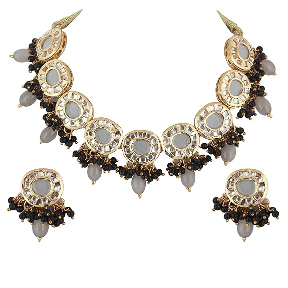 Tehzeeb Creations Meenakari Gold-Polished Earring Combo Uncut Big Faux Kundan Choker Necklace set - Distacart