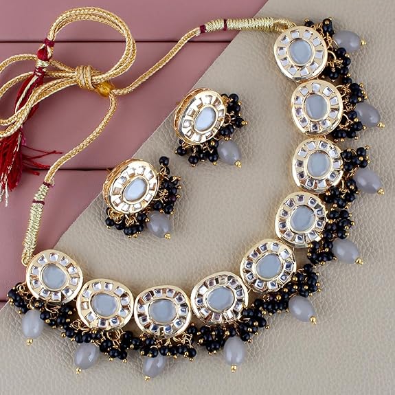 Tehzeeb Creations Meenakari Gold-Polished Earring Combo Uncut Big Faux Kundan Choker Necklace set - Distacart