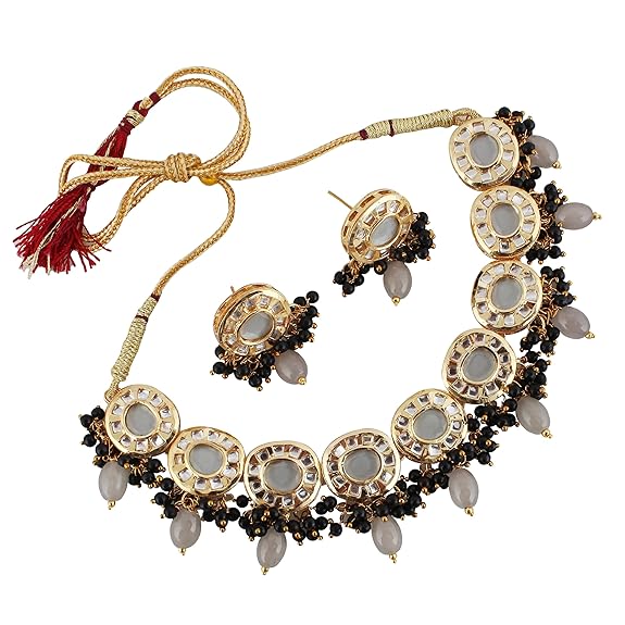 Tehzeeb Creations Meenakari Gold-Polished Earring Combo Uncut Big Faux Kundan Choker Necklace set - Distacart