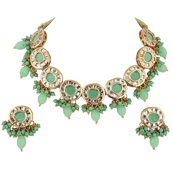 Tehzeeb Creations Meenakari Gold-Polished Earring Combo Uncut Big Faux Kundan Choker Necklace set - Distacart