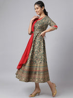 Thumbnail for AURELIA Women Green & Red Ethnic Motifs Midi Dress With Dupatta