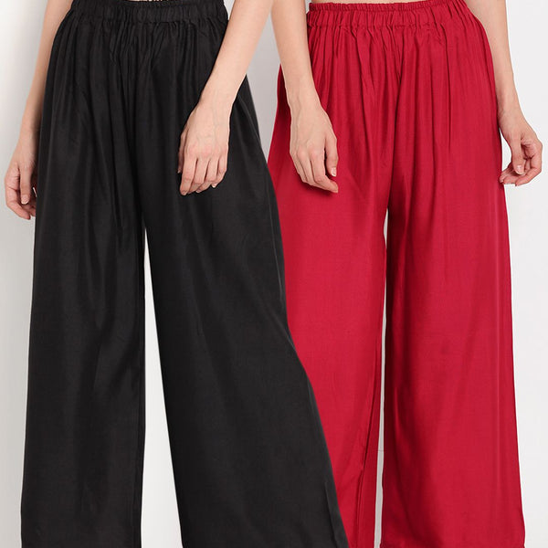 TAG 7 Women Pack Of 2 Black & Maroon Solid Flared Palazzos - Distacart