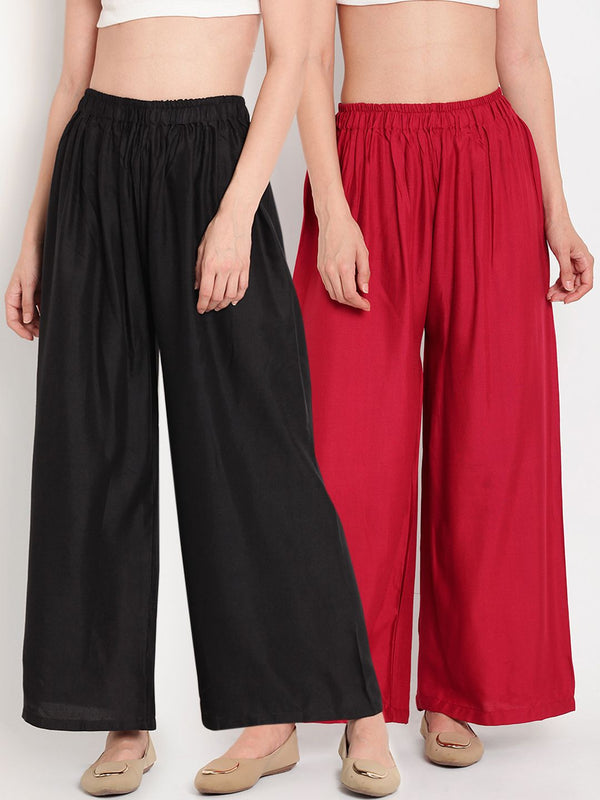 TAG 7 Women Pack Of 2 Black & Maroon Solid Flared Palazzos
