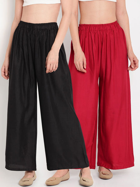 TAG 7 Women Pack Of 2 Black & Maroon Solid Flared Palazzos