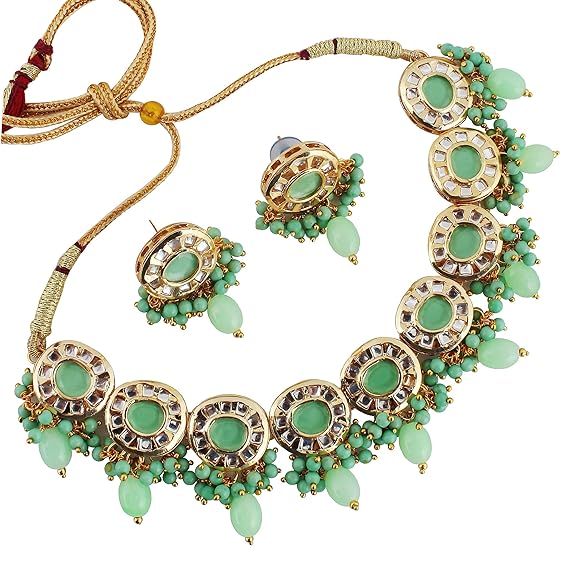 Tehzeeb Creations Meenakari Gold-Polished Earring Combo Uncut Big Faux Kundan Choker Necklace set - Distacart