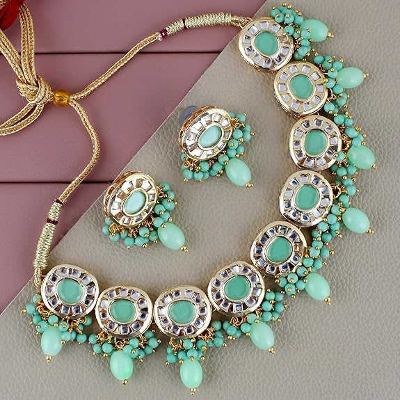 Tehzeeb Creations Meenakari Gold-Polished Earring Combo Uncut Big Faux Kundan Choker Necklace set - Distacart