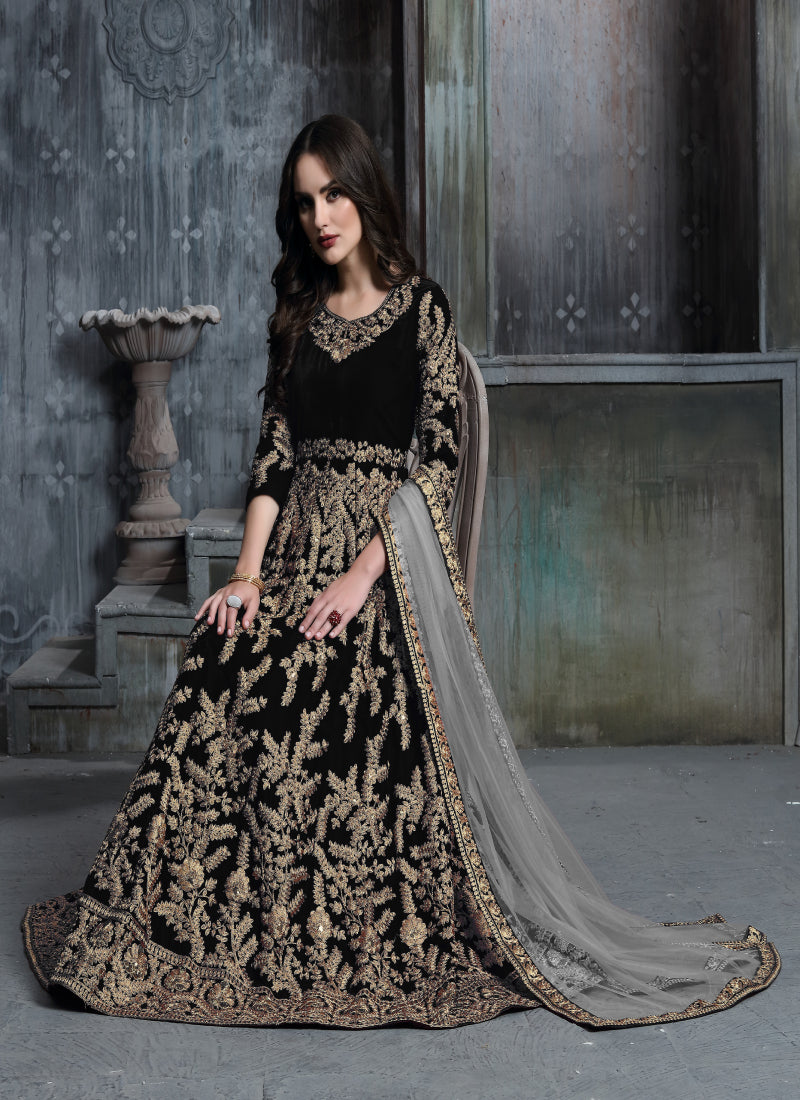 Monjolika Fashion Stunning Dark Blue Color Velvet Embroidery Patiala Suit