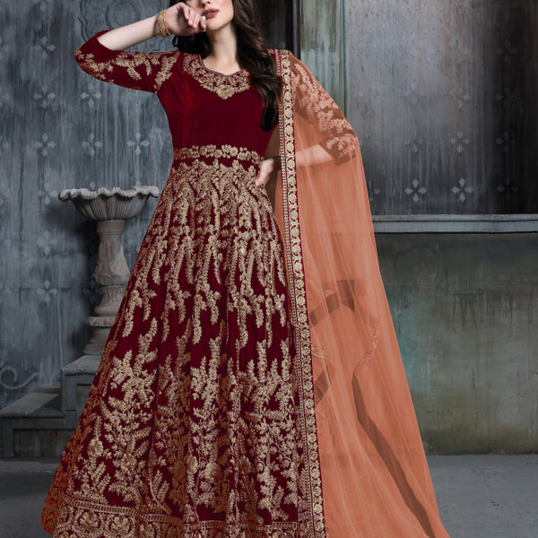Monjolika Fashion Stunning Maroon Color Velvet Embroidery Patiala Suit - Distacart
