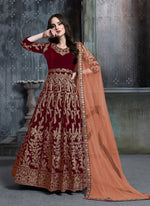 Thumbnail for Monjolika Fashion Stunning Maroon Color Velvet Embroidery Patiala Suit