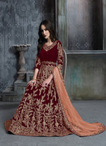 Thumbnail for Monjolika Fashion Stunning Maroon Color Velvet Embroidery Patiala Suit