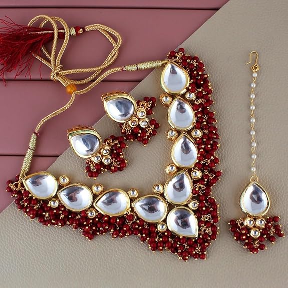 Tehzeeb Creations Back Meenakari Gold-Polished Tika Earring Combo Uncut Big Faux Kundan Choker Necklace set - Distacart