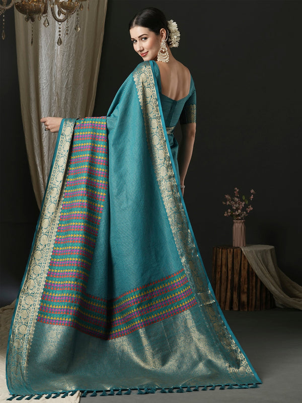 NOZ2TOZ Women's Silk Blend Blue Woven Design Designer Saree With Blouse Piece - Distacart