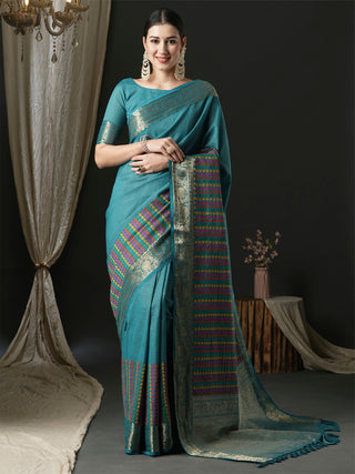 NOZ2TOZ Women's Silk Blend Blue Woven Design Designer Saree With Blouse Piece - Distacart