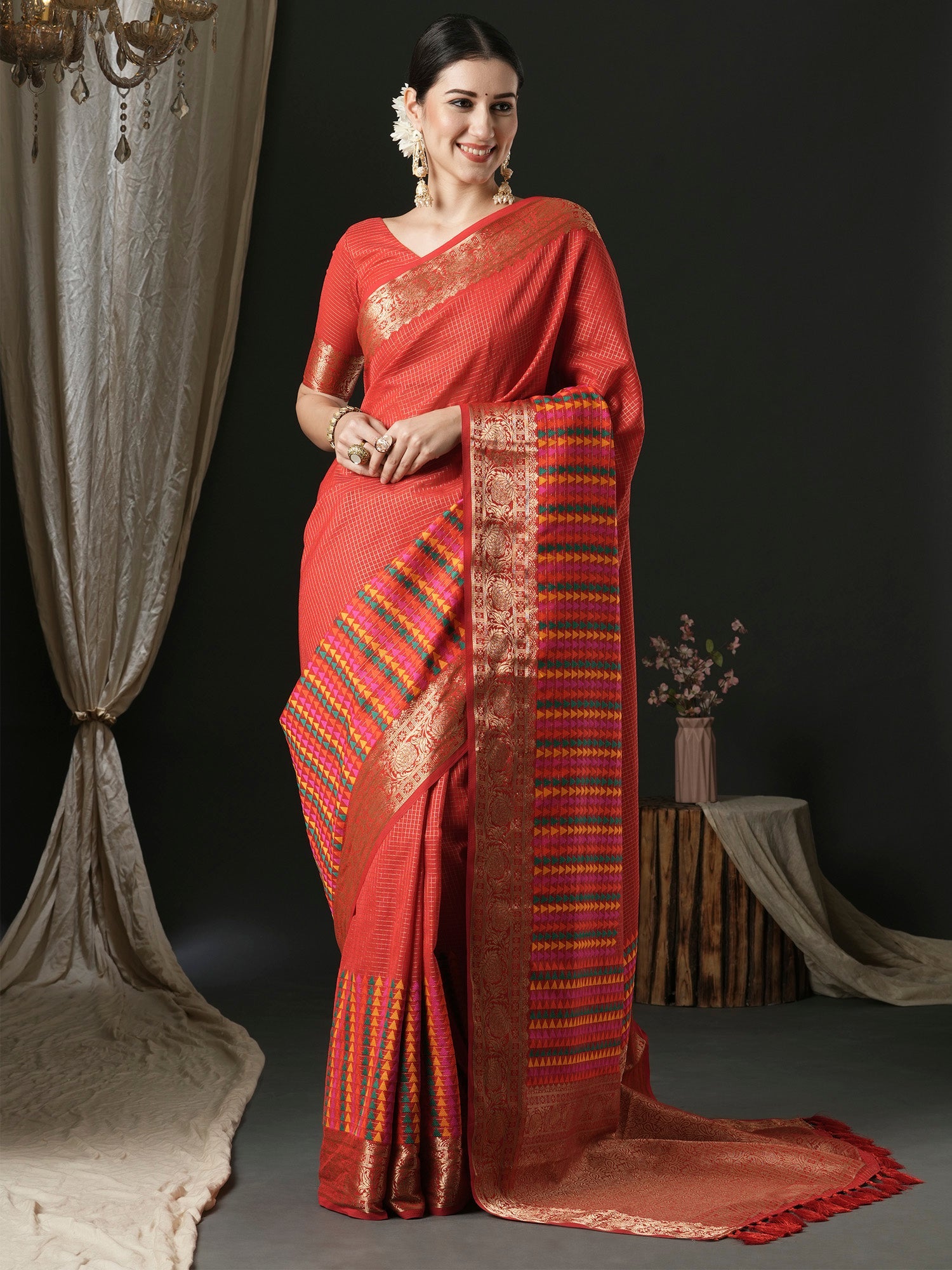 NOZ2TOZ Women's Silk Blend Red Woven Design Designer Saree With Blouse Piece - Distacart