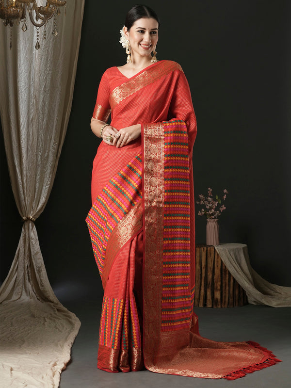 NOZ2TOZ Women's Silk Blend Red Woven Design Designer Saree With Blouse Piece - Distacart
