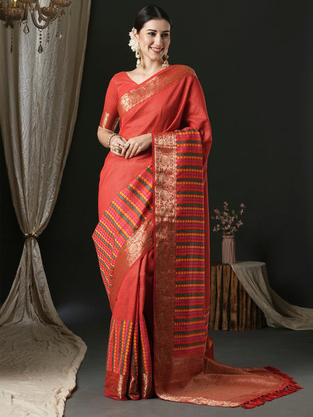NOZ2TOZ Women's Silk Blend Red Woven Design Designer Saree With Blouse Piece - Distacart