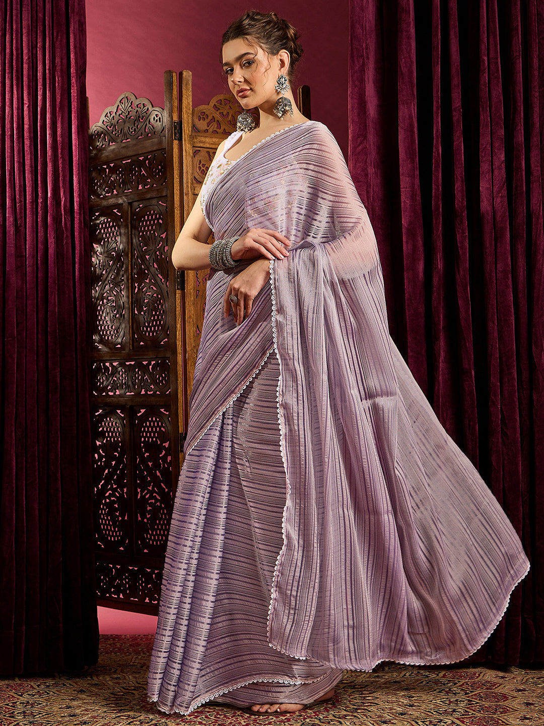NOZ2TOZ Women's Chiffon Lavender Solid Celebrity Saree With Blouse Piece - Distacart