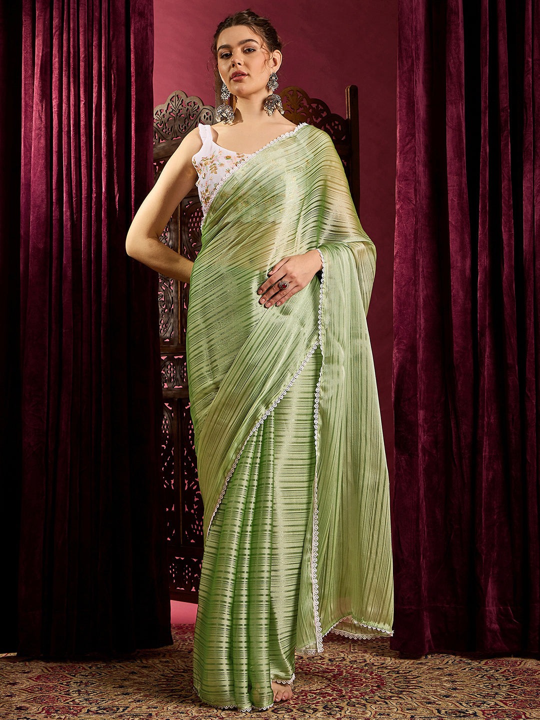 NOZ2TOZ Women's Chiffon Green Solid Celebrity Saree With Blouse Piece - Distacart