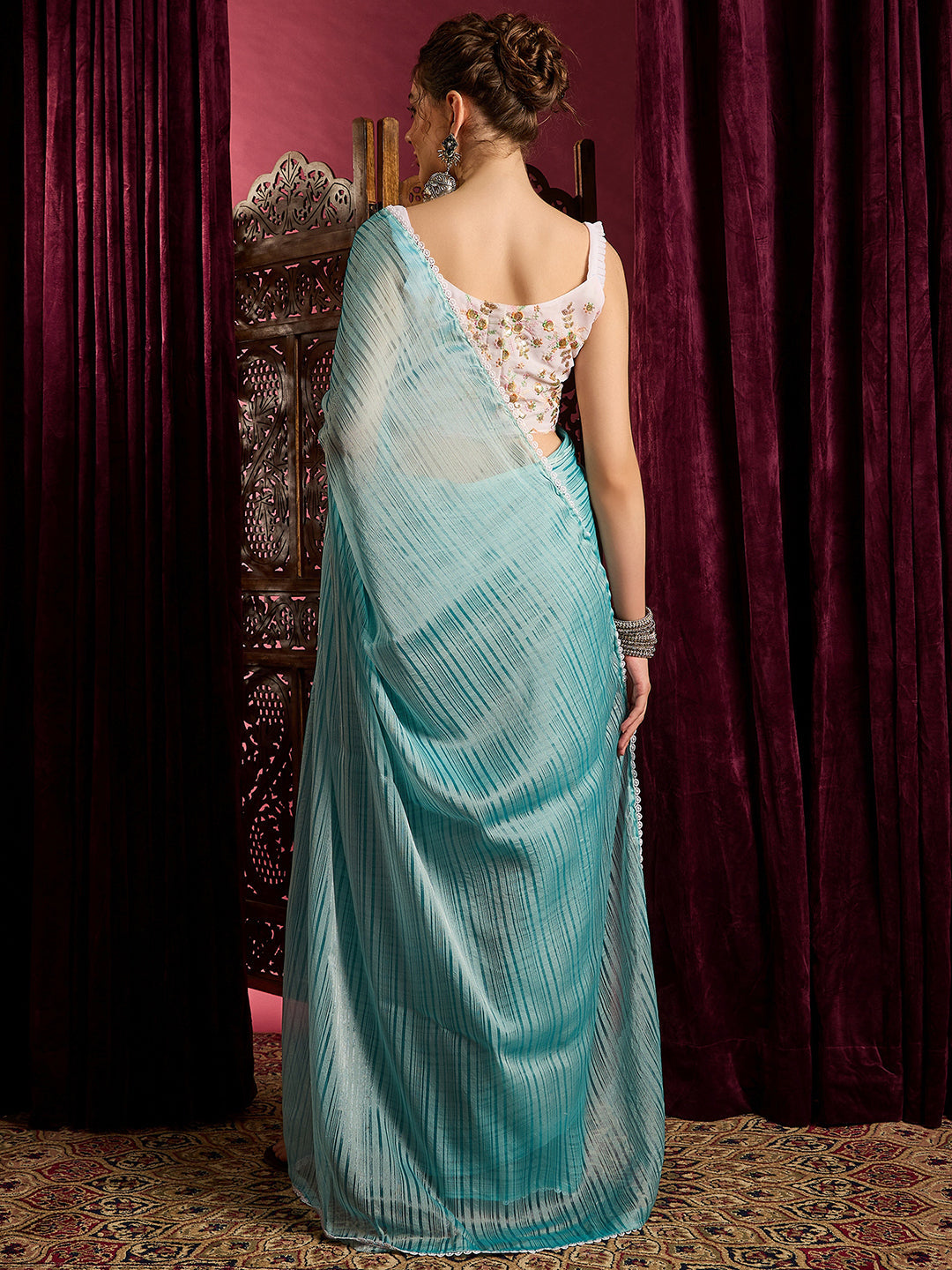 NOZ2TOZ Women's Chiffon Blue Solid Celebrity Saree With Blouse Piece - Distacart