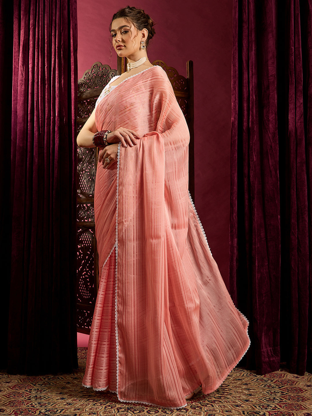 NOZ2TOZ Women's Chiffon Peach Solid Celebrity Saree With Blouse Piece - Distacart