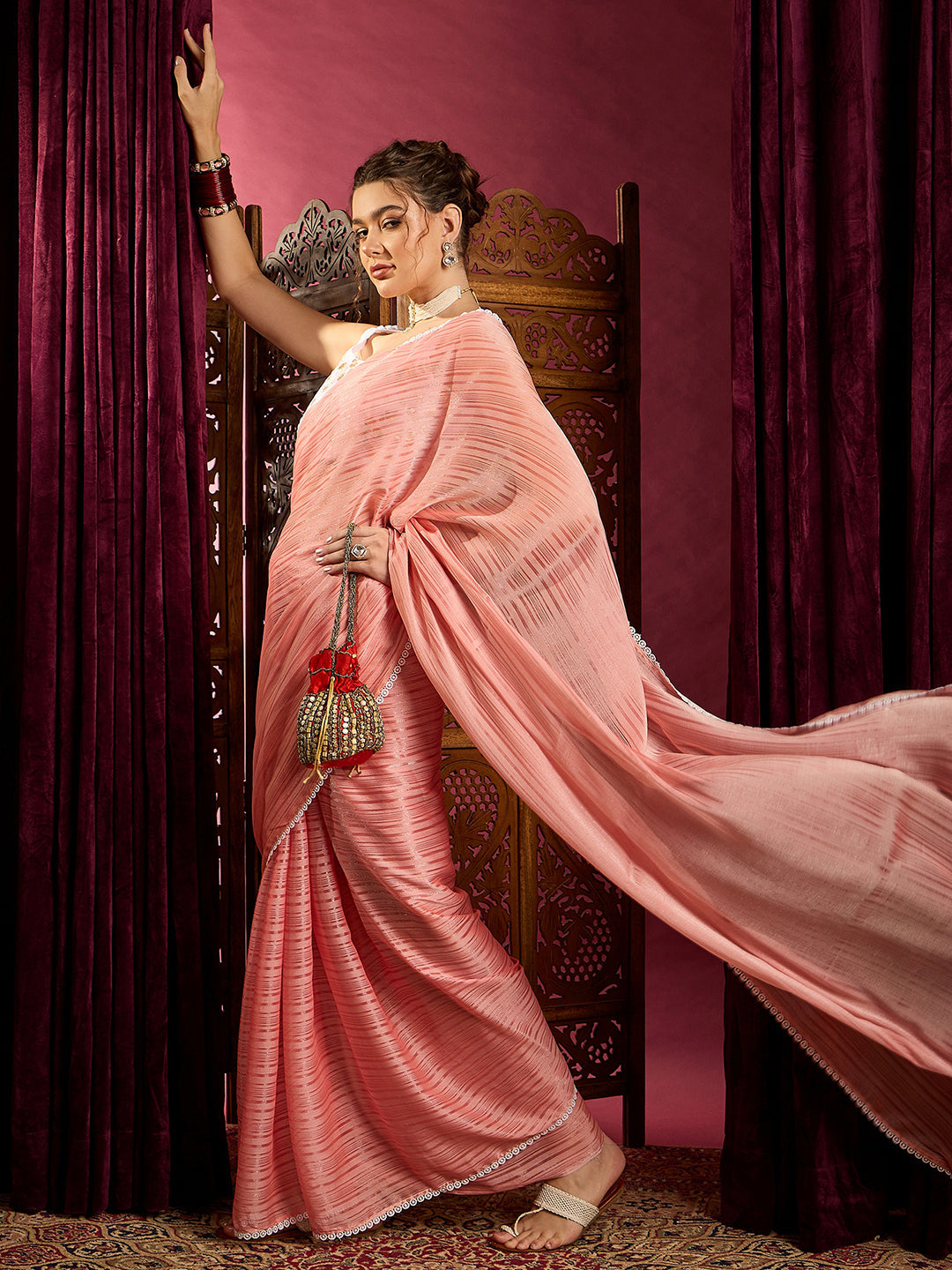 NOZ2TOZ Women's Chiffon Peach Solid Celebrity Saree With Blouse Piece - Distacart