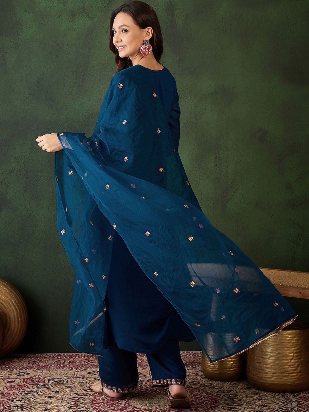 Sangria Floral Embroidered A-Line Kurta & Trousers With Dupatta