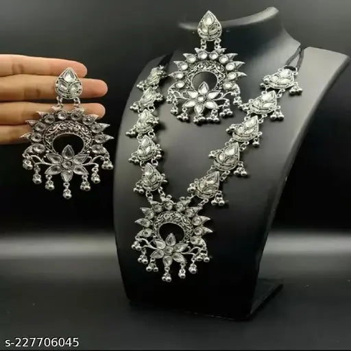 Tehzeeb Creations Women's Silver Colour Oxidised Necklace Set With Mirror Design - Distacart