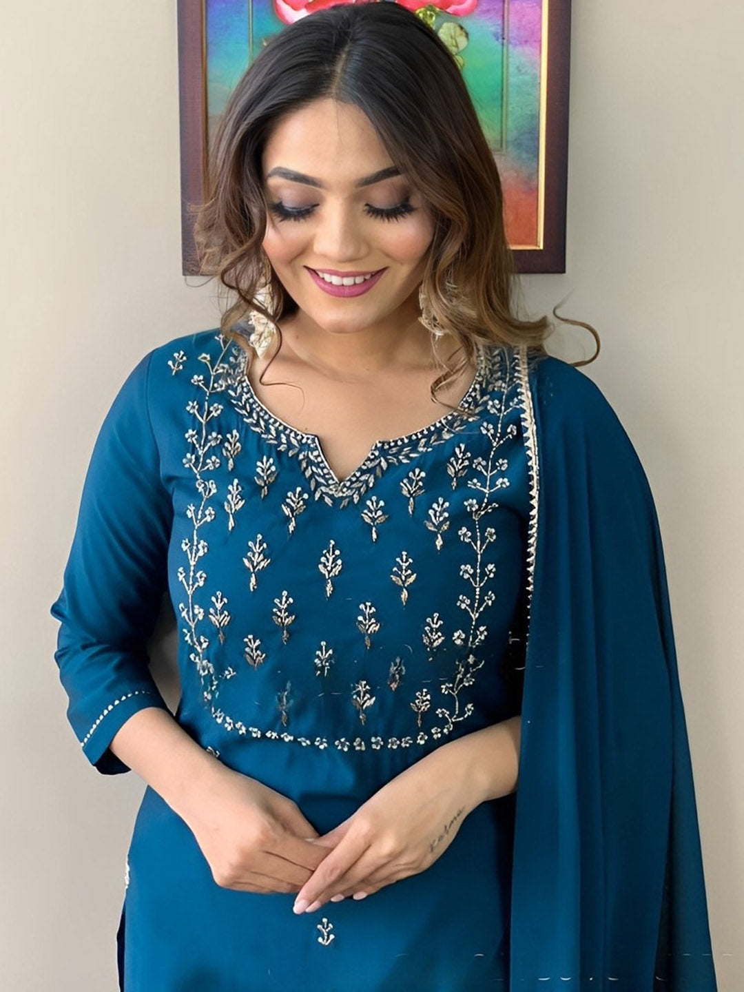 Kalini Ethnic Motifs Embroidered Thread Work Detail Straight Kurta & Trousers With Dupatta - Distacart