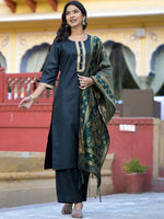 Thumbnail for Vishudh Green Round Neck Embellished Straight Kurta & Palazzos With Dupatta