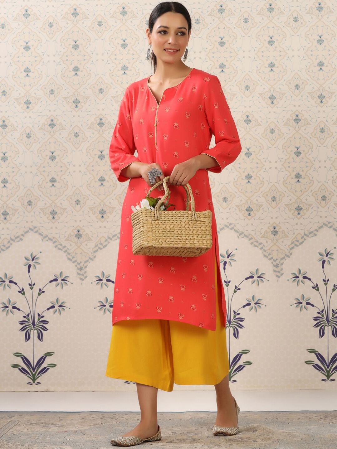 Ode by House of Pataudi Red & Yellow Ethnic Motif Printed Notched Neck Kurta With Palazzos - Distacart
