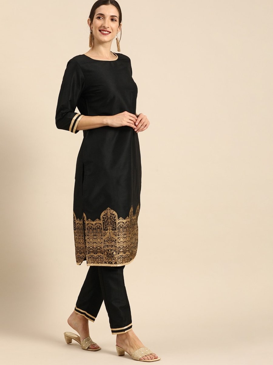 All About You Women Black & Gold Printed Regular Kurta with Trousers - Distacart