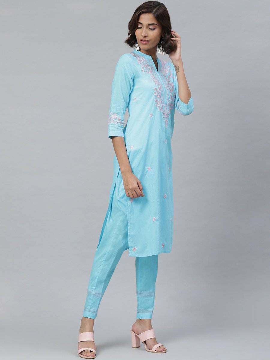 ADA Women Blue & Pink Chikankari Embroidered Sustainable Handloom Kurta with Trousers - Distacart