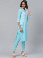 Thumbnail for ADA Women Blue & Pink Chikankari Embroidered Sustainable Handloom Kurta with Trousers - Distacart