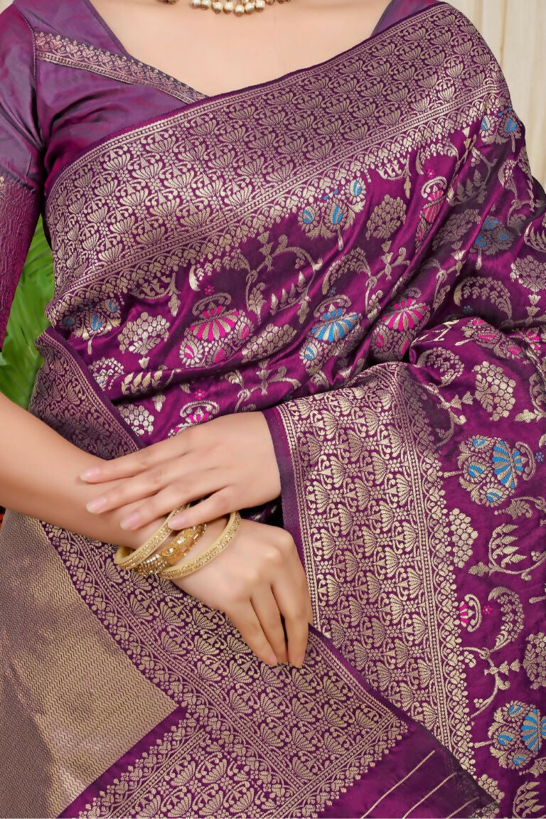 Jyoti Fashion Women's Wine Kanjivaram Silk Zari Woven Saree with Blouse - Distacart