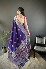 Thumbnail for Joban Fashion Royal Blue Elephant & Floral Motifs Soft Lichi Silk Banarasi Saree - Distacart