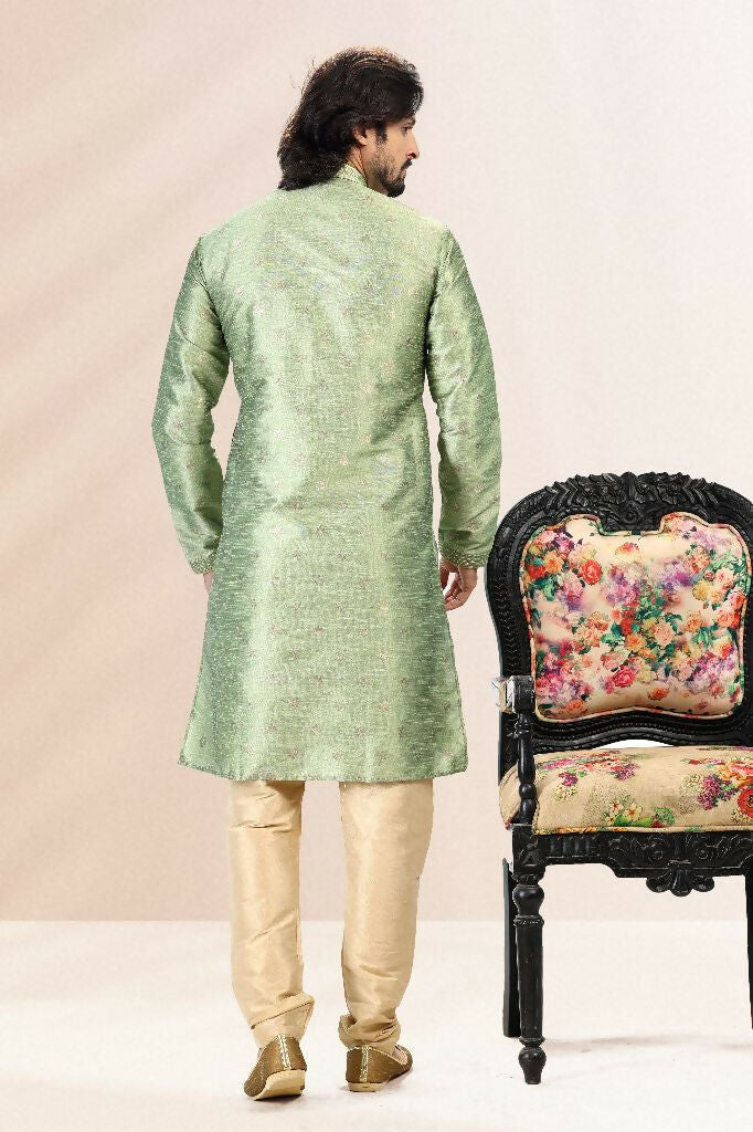Raivat Ethnic Jacquard Banarasi Silk Pintux Work Kurta Pajama In Green Colour - Distacart