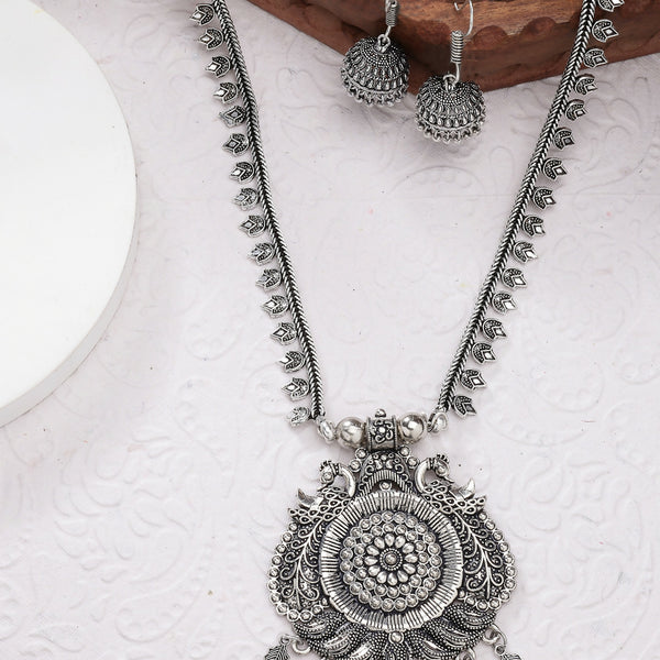 NVR Women's Silver-Toned Peacock Design Oxidized Necklace with Jhumka Earrings - Distacart