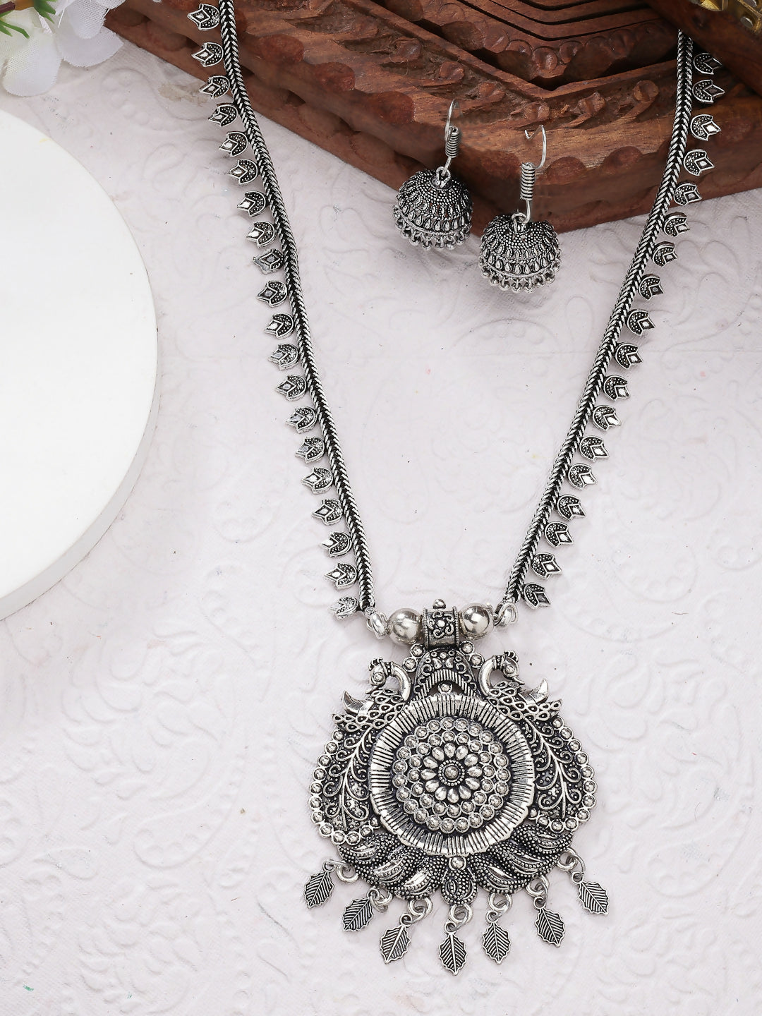 NVR Women's Silver-Toned Peacock Design Oxidized Necklace with Jhumka Earrings - Distacart