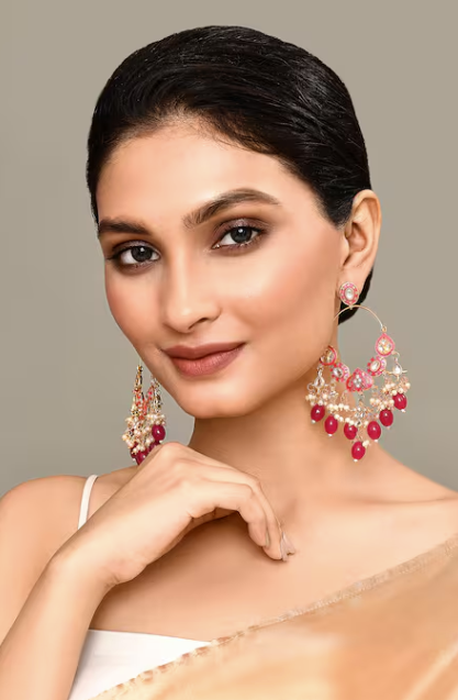 New Stylish Ethnic Partywear Pink Hoops Kundan Earrings for Womens by House of Ree - Distacart