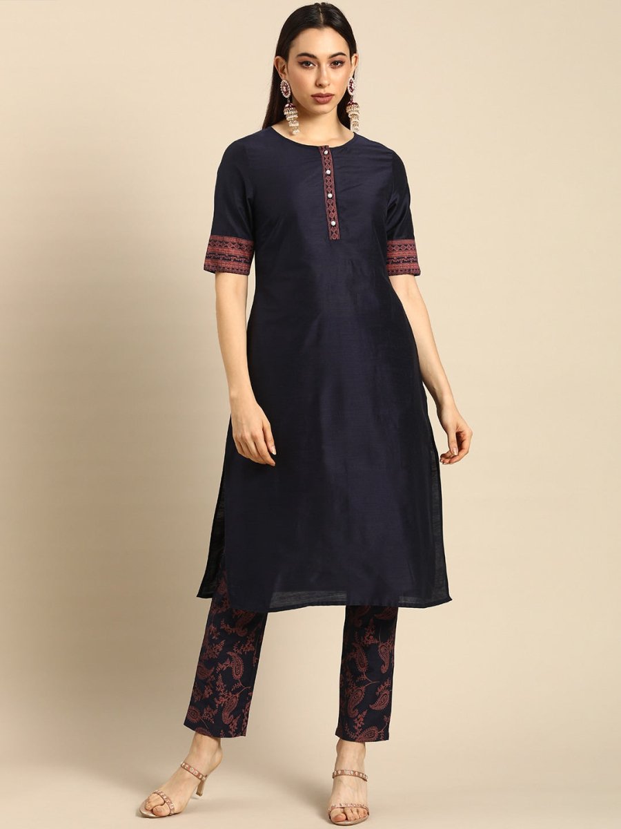 All About You Women Navy Blue Ethnic Motifs Printed Regular Kurta with Printed Trousers - Distacart