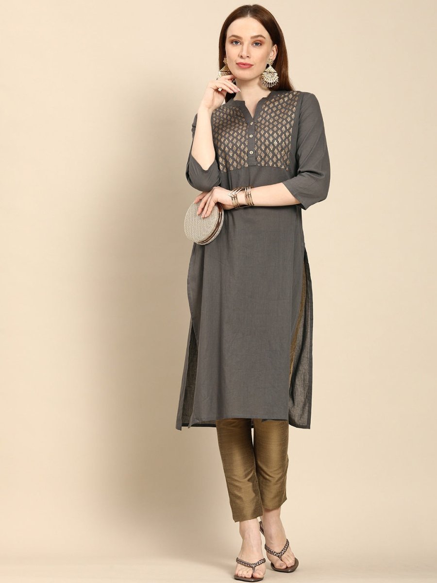 All About You Women Grey Ethnic Motifs Yoke Design Pure Cotton Kurta - Distacart