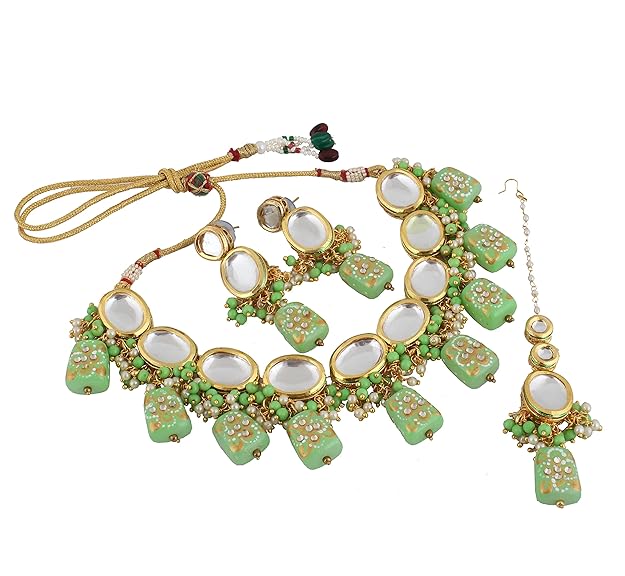 Tehzeeb Creations Back Meenakari Gold-Polished Tika Earring Jewellery Set Uncut Kundan Big Faux Kundan Dibbi Kundan Choker Necklace Set - Distacart